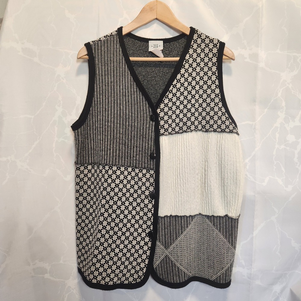 VTG David Wayne Patchwork Knit Vest Women's M Black White V-Neck Button Closure